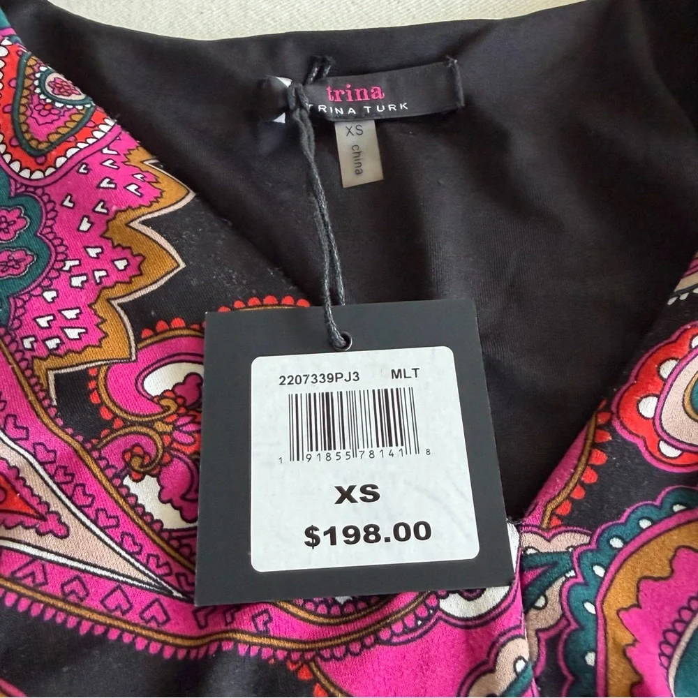 NWT Trina Turk XS “Birch” Paisley Print Mini Dress Bold Multi Color Fabric